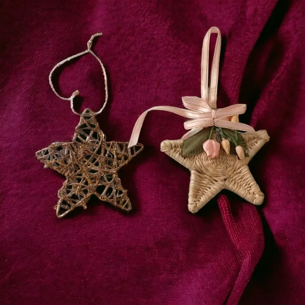 2 Star Christmas Ornaments Rattan Woven Rustic Farmhouse Country‎ Boho Holiday.